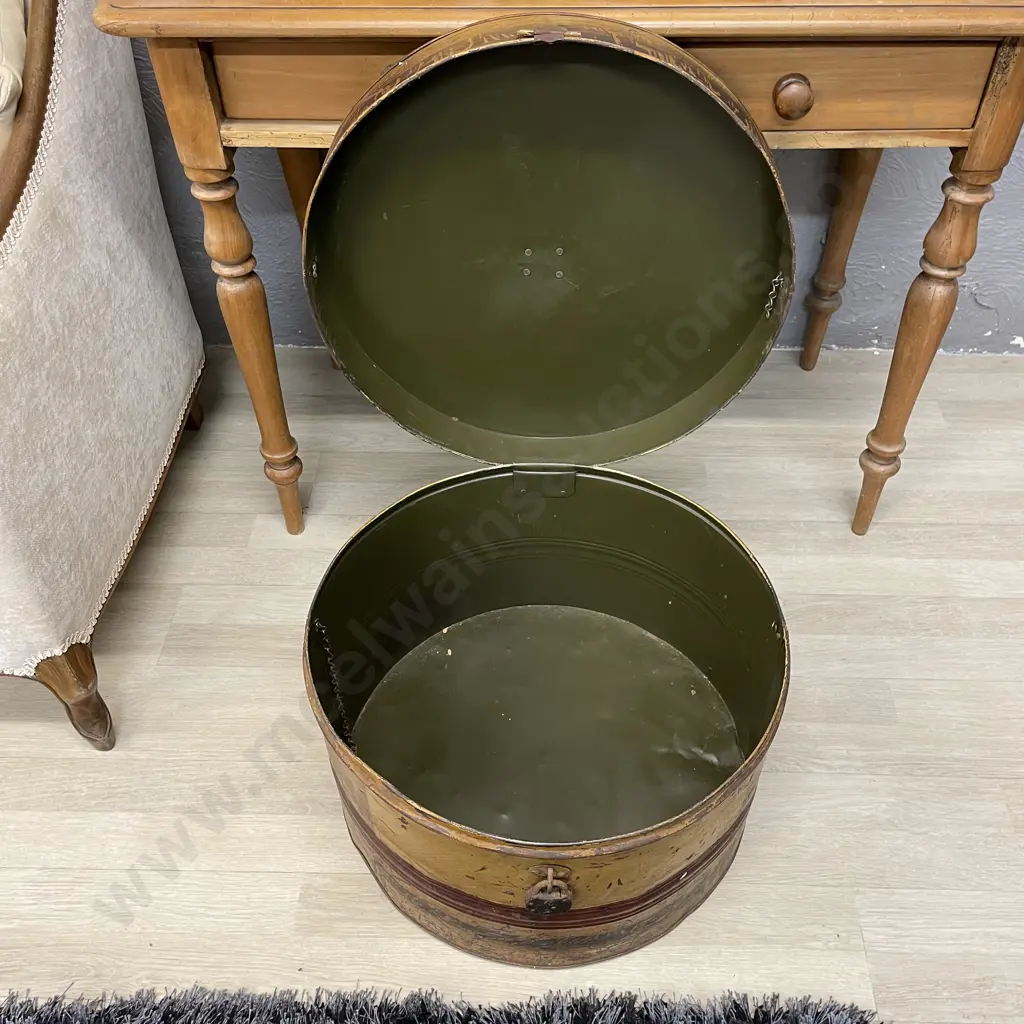 Large Antique Tin Hat Box with Padlock. H34cm Dia 51cm Image 1++