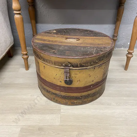 Large Antique Tin Hat Box with Padlock. H34cm Dia 51cm