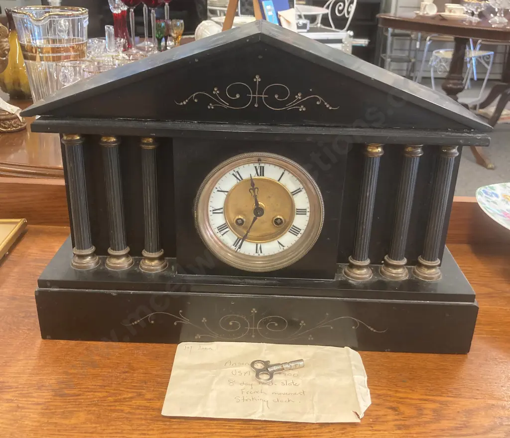 Antique Black Slate Ansonia Mantel Clock, c1900, 8 Day, French Movement Striking Clock With Key Image 1++