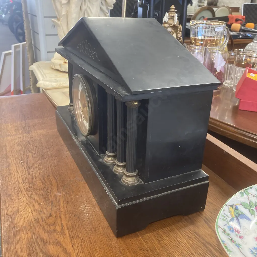 Antique Black Slate Ansonia Mantel Clock, c1900, 8 Day, French Movement Striking Clock With Key Image 1++