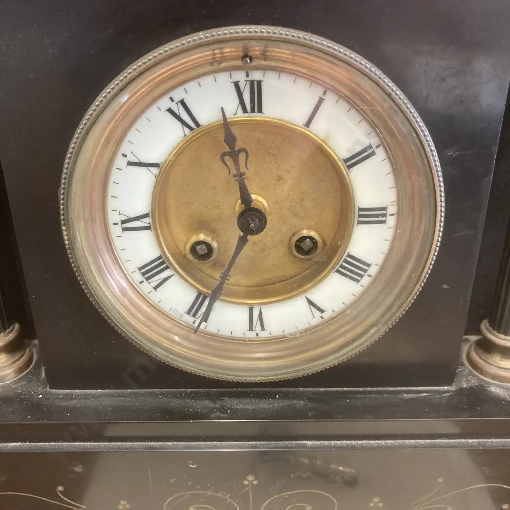 Antique Black Slate Ansonia Mantel Clock, c1900, 8 Day, French Movement Striking Clock With Key Image 1++