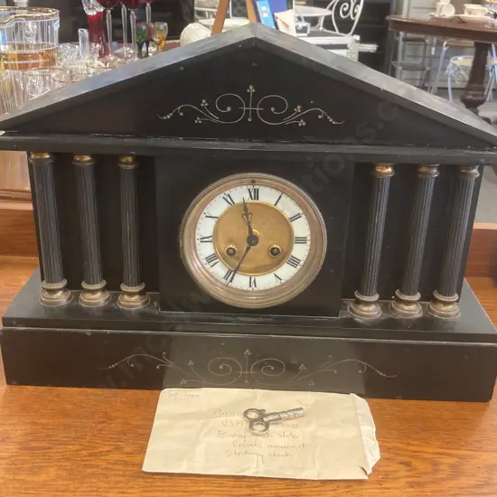 Antique Black Slate Ansonia Mantel Clock, c1900, 8 Day, French Movement Striking Clock With Key