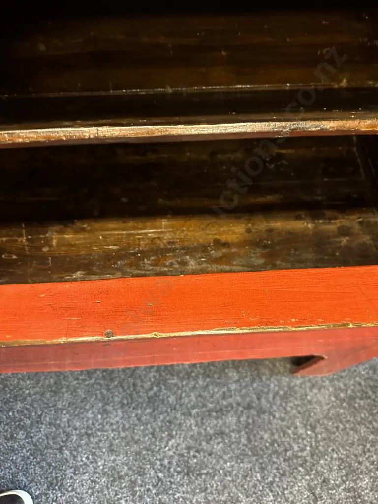 19th Century Chinese Red Lacquer Wedding Cabinet, Cedar Wood, Zhejiang, Hidden Drawer & Shelves, H182 W110, D55cm Image 1++