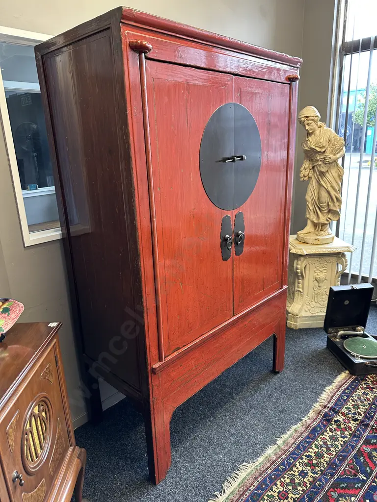 19th Century Chinese Red Lacquer Wedding Cabinet, Cedar Wood, Zhejiang, Hidden Drawer & Shelves, H182 W110, D55cm Image 1++
