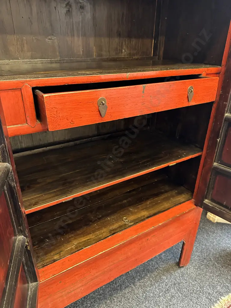 19th Century Chinese Red Lacquer Wedding Cabinet, Cedar Wood, Zhejiang, Hidden Drawer & Shelves, H182 W110, D55cm Image 1++