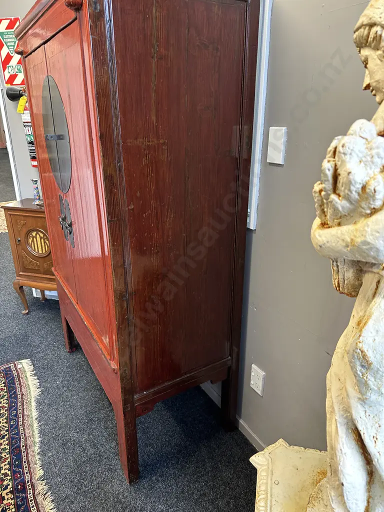 19th Century Chinese Red Lacquer Wedding Cabinet, Cedar Wood, Zhejiang, Hidden Drawer & Shelves, H182 W110, D55cm Image 1++
