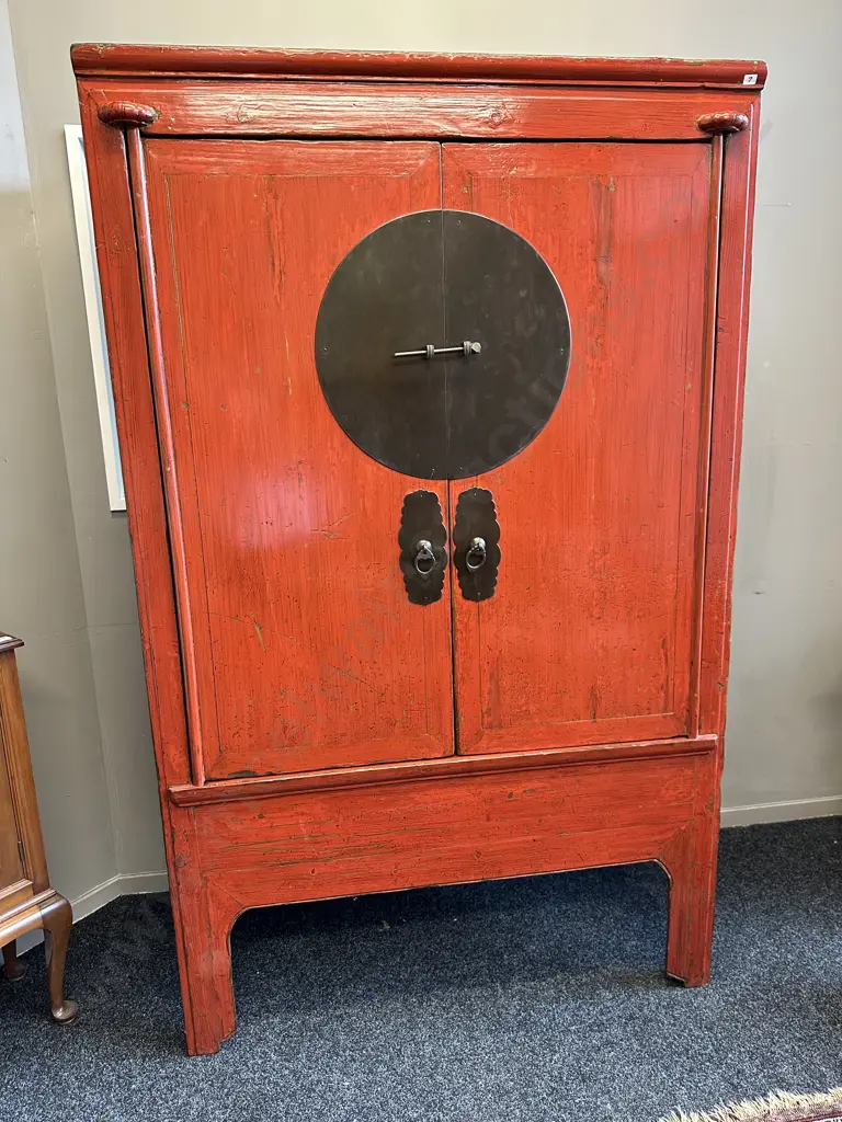 19th Century Chinese Red Lacquer Wedding Cabinet, Cedar Wood, Zhejiang, Hidden Drawer & Shelves, H182 W110, D55cm Image 1++