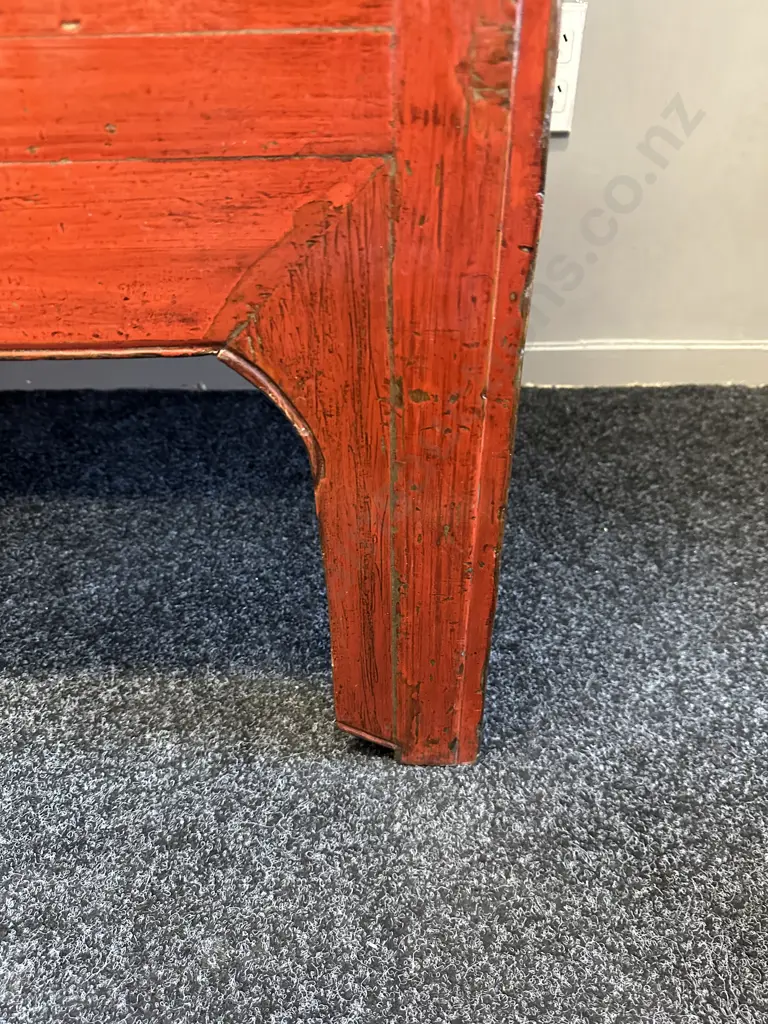 19th Century Chinese Red Lacquer Wedding Cabinet, Cedar Wood, Zhejiang, Hidden Drawer & Shelves, H182 W110, D55cm Image 1++