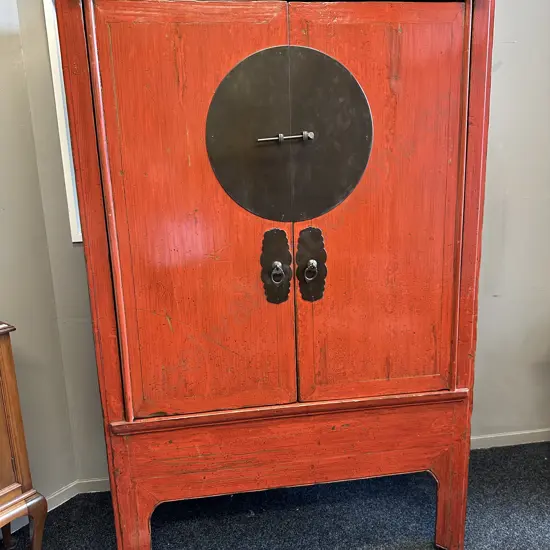 19th Century Chinese Red Lacquer Wedding Cabinet, Cedar Wood, Zhejiang, Hidden Drawer & Shelves, H182 W110, D55cm