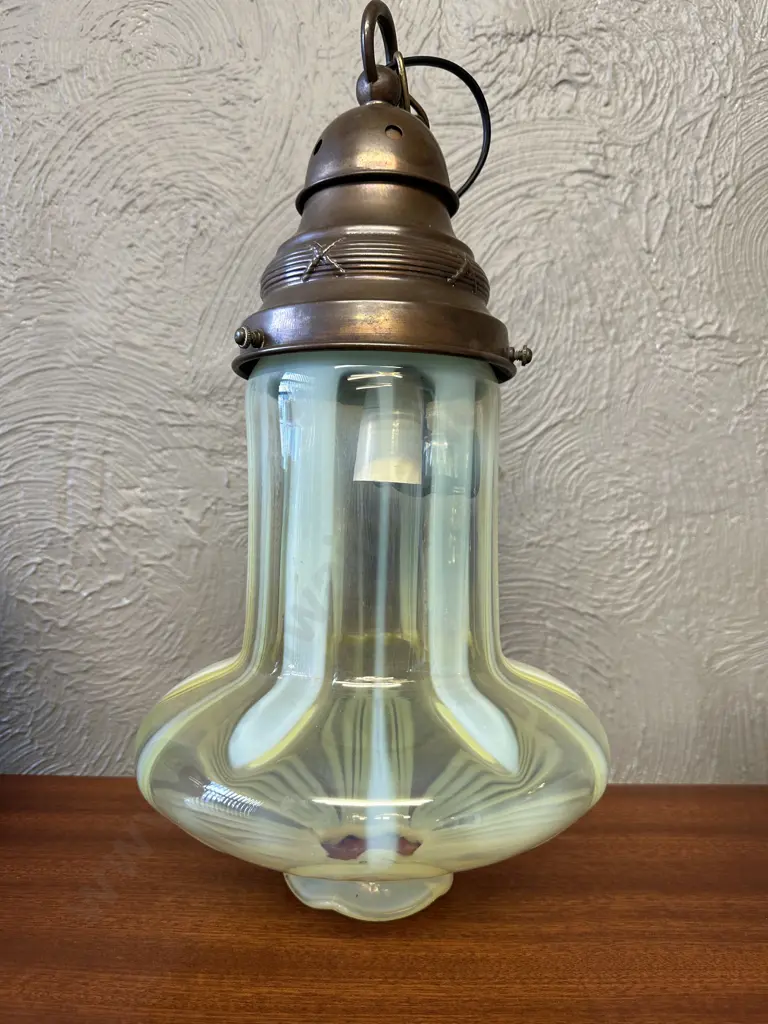 Stunning Antique Art Nouveau Uranium Glass and Copper mount Pendant Lamp. H44cm with chain and ceiling rose H62cm Image 1++