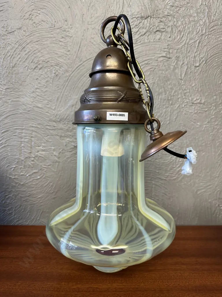 Stunning Antique Art Nouveau Uranium Glass and Copper mount Pendant Lamp. H44cm with chain and ceiling rose H62cm Image 1++