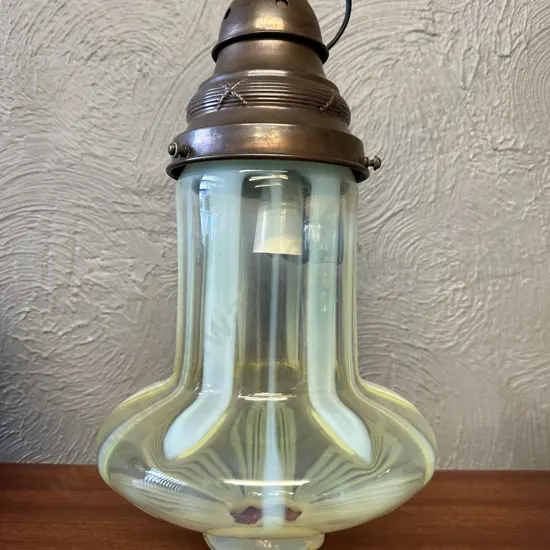 Stunning Antique Art Nouveau Uranium Glass and Copper mount Pendant Lamp. H44cm with chain and ceiling rose H62cm