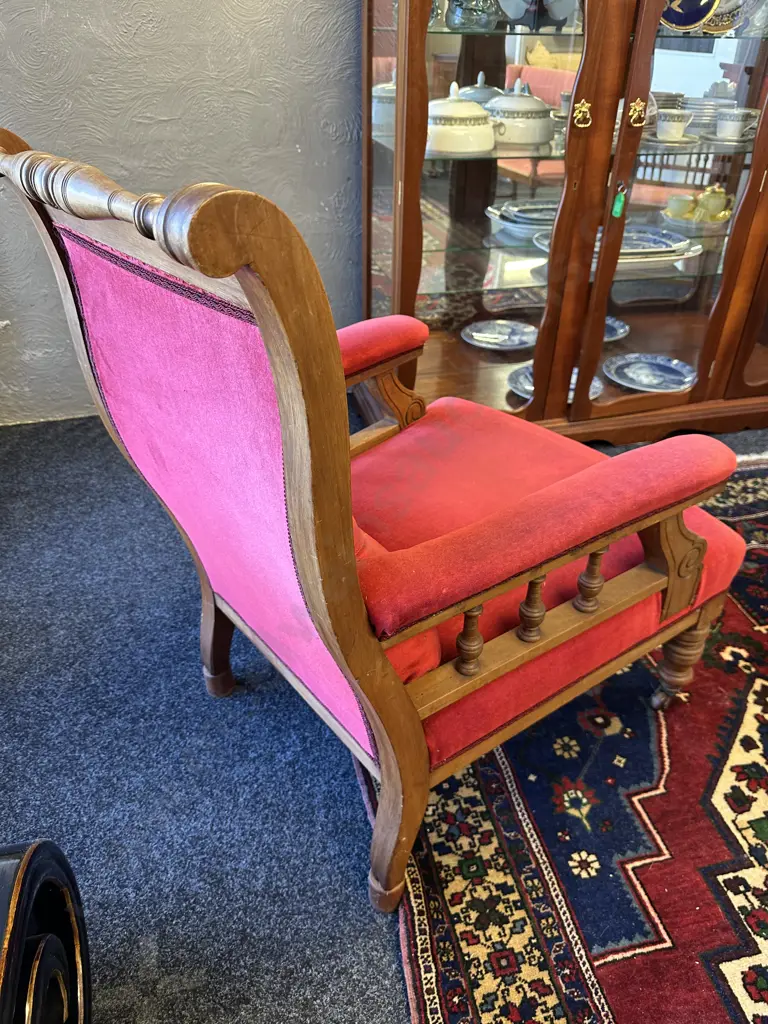 Beautiful Large Kauri Framed Lounge Chair, original castors, turned legs. Plush burgundy fabric, button back.W70 D90cm  Image 1++