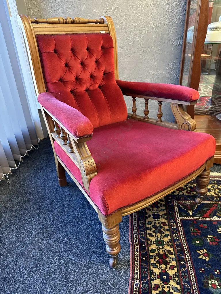 Beautiful Large Kauri Framed Lounge Chair, original castors, turned legs. Plush burgundy fabric, button back.W70 D90cm  Image 1++