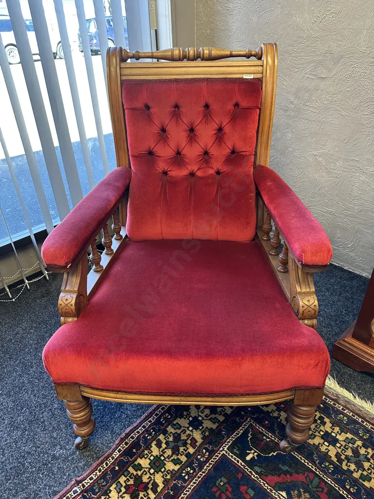 Beautiful Large Kauri Framed Lounge Chair, original castors, turned legs. Plush burgundy fabric, button back.W70 D90cm  Image 1++