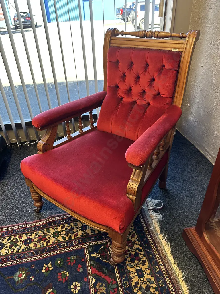 Beautiful Large Kauri Framed Lounge Chair, original castors, turned legs. Plush burgundy fabric, button back.W70 D90cm  Image 1++