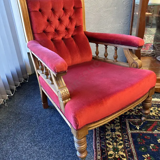 Beautiful Large Kauri Framed Lounge Chair, original castors, turned legs. Plush burgundy fabric, button back.W70 D90cm 