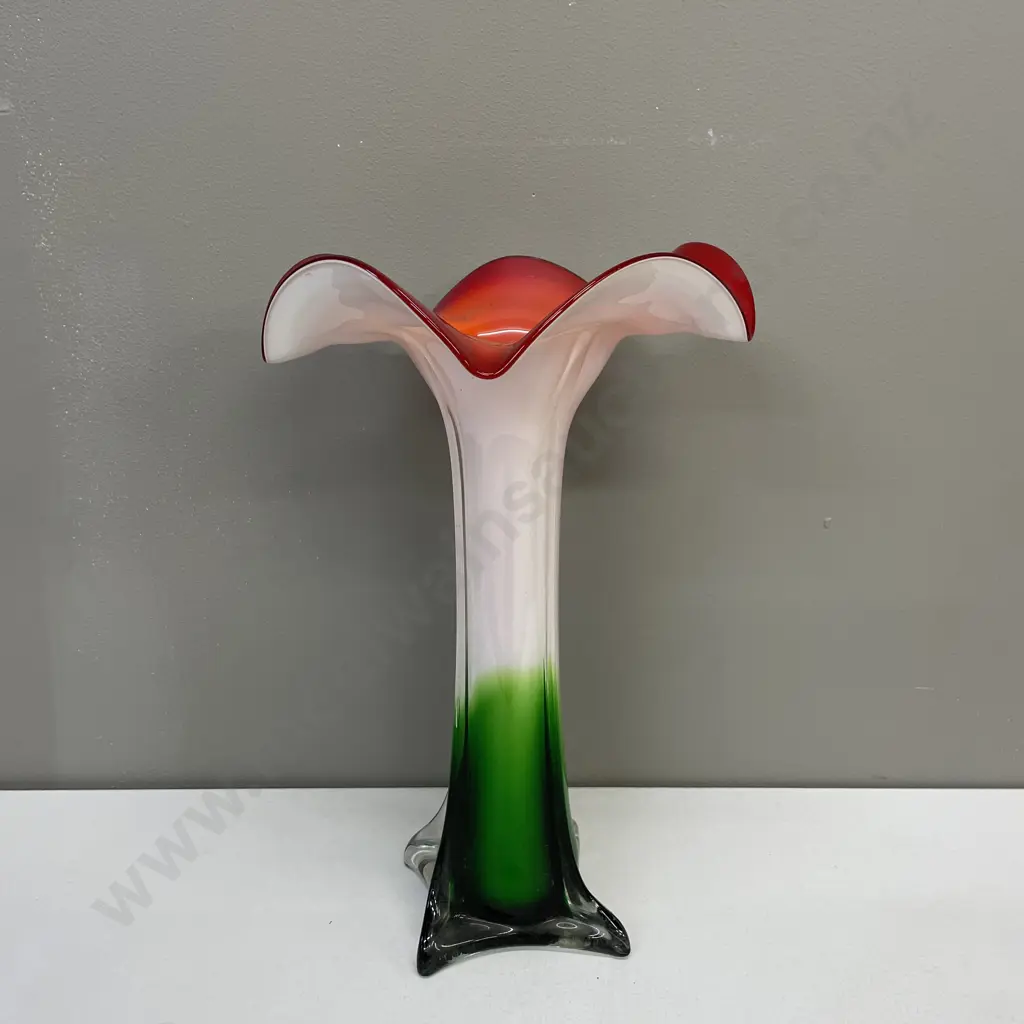 Stunning Art Glass Tall Vase. Red, white and green colours with splayed flower top. H35 Top Dia22cm Image 1++