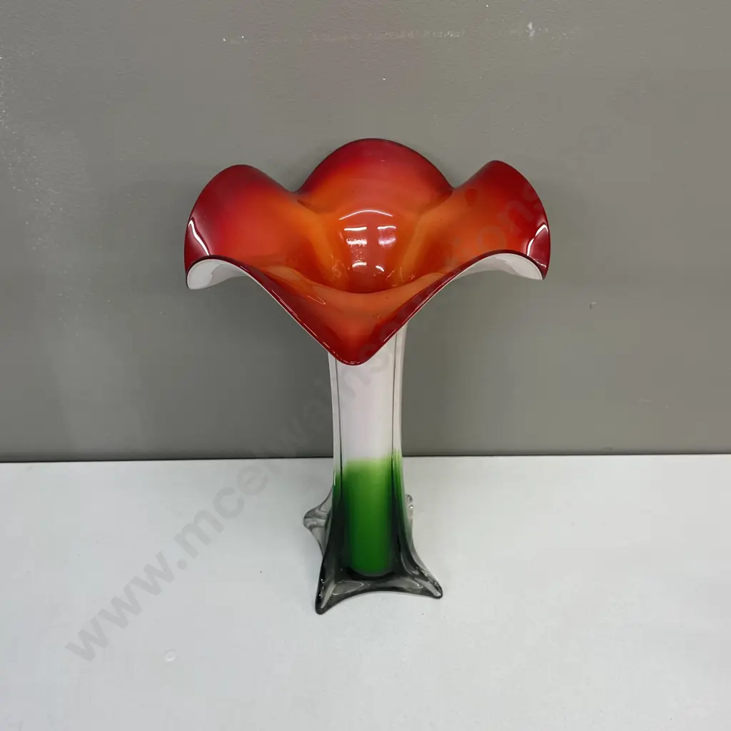 Stunning Art Glass Tall Vase. Red, white and green colours with splayed flower top. H35 Top Dia22cm Image 1++