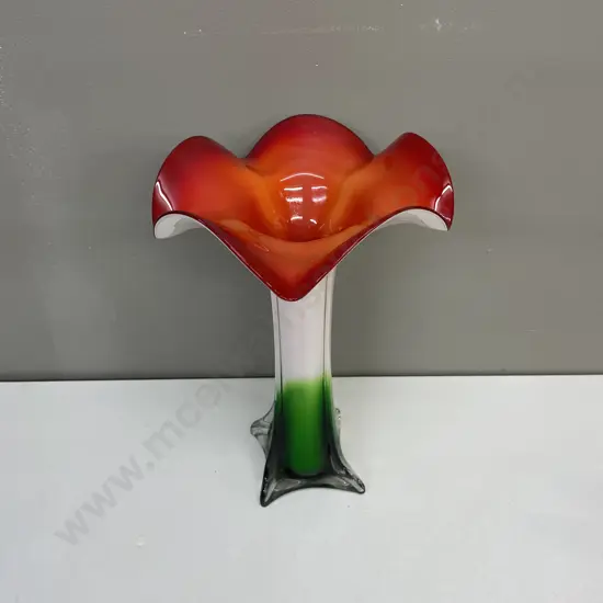 Stunning Art Glass Tall Vase. Red, white and green colours with splayed flower top. H35 Top Dia22cm