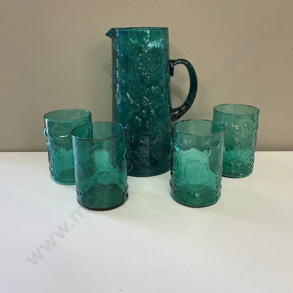 Vintage Moulded Teal Glass 5 piece Water Set Image 1++
