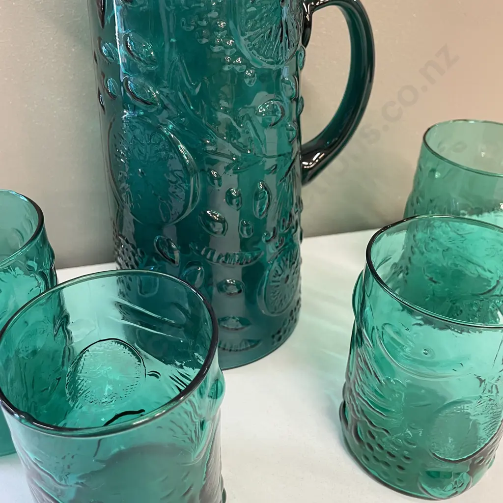 Vintage Moulded Teal Glass 5 piece Water Set Image 1++