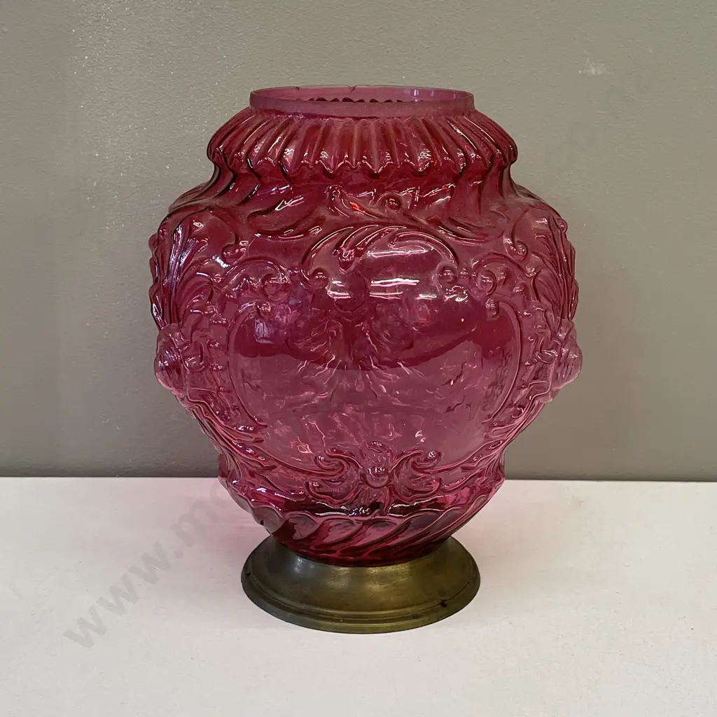 Stunning Antique Pink Moulded Glass Lamp shade on brass rose. H24cm Image 1++