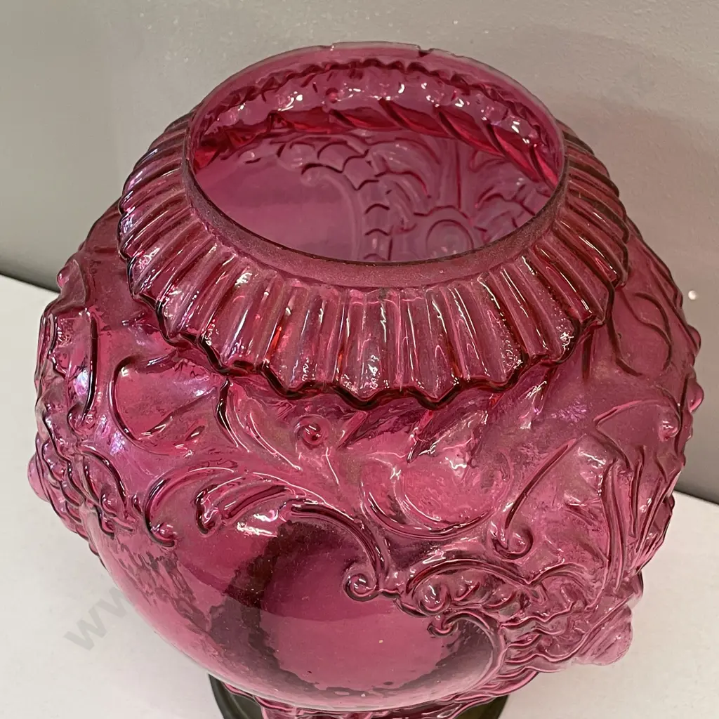 Stunning Antique Pink Moulded Glass Lamp shade on brass rose. H24cm Image 1++