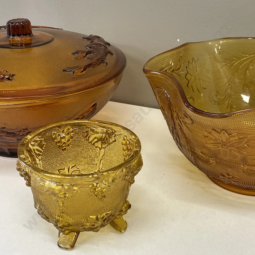Vintage Amber Glass Items including lidded bowl, fluted bowl and footed bowl Image 1++