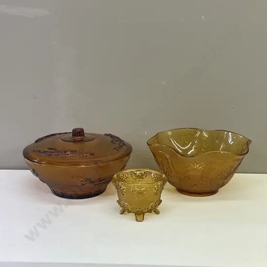 Vintage Amber Glass Items including lidded bowl, fluted bowl and footed bowl
