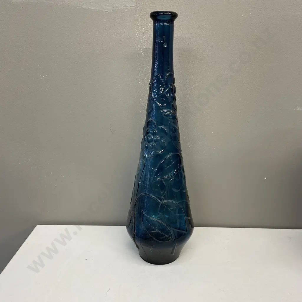Vintage Blue Glass Genie Bottle (no lid) with moulded floral pattern. H40cm Image 1++