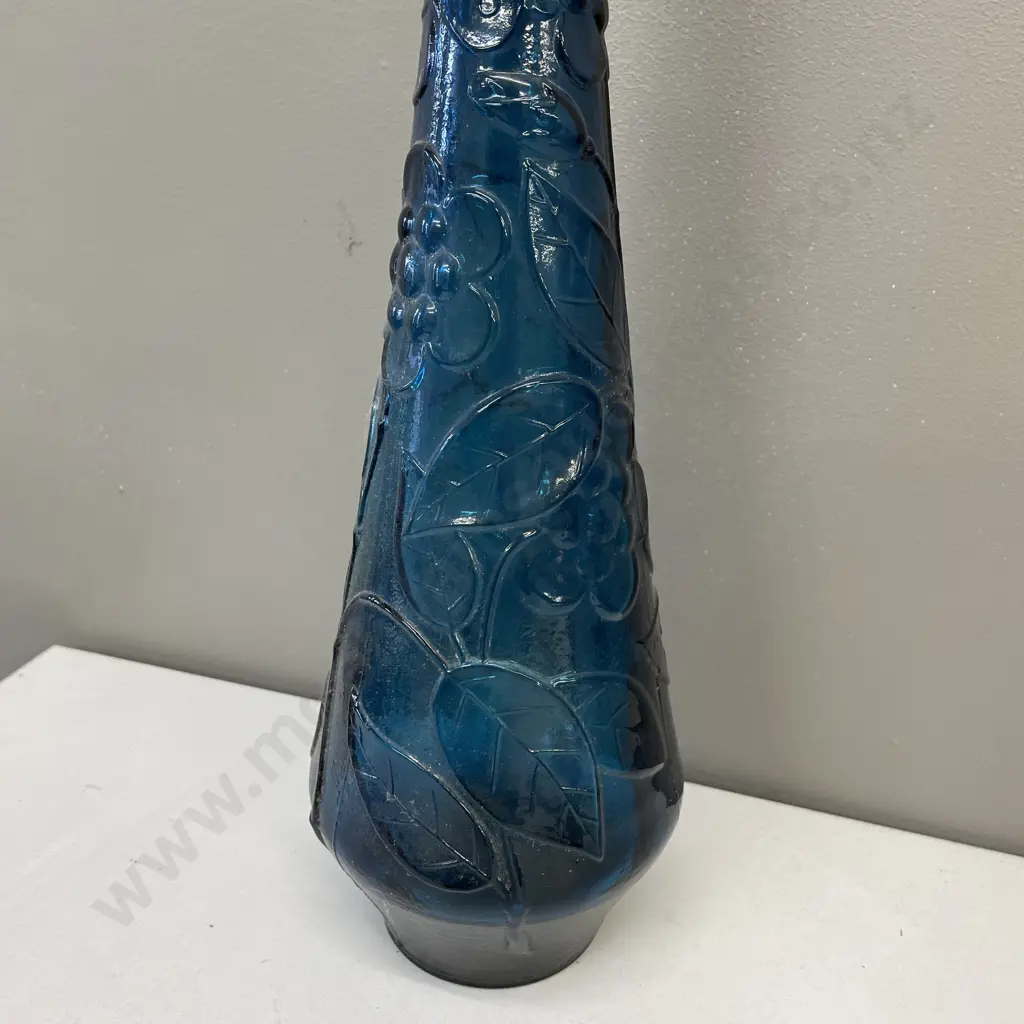 Vintage Blue Glass Genie Bottle (no lid) with moulded floral pattern. H40cm Image 1++