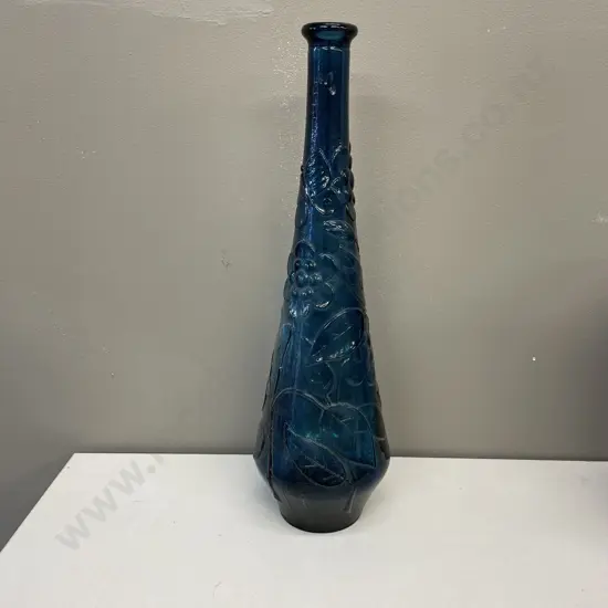 Vintage Blue Glass Genie Bottle (no lid) with moulded floral pattern. H40cm