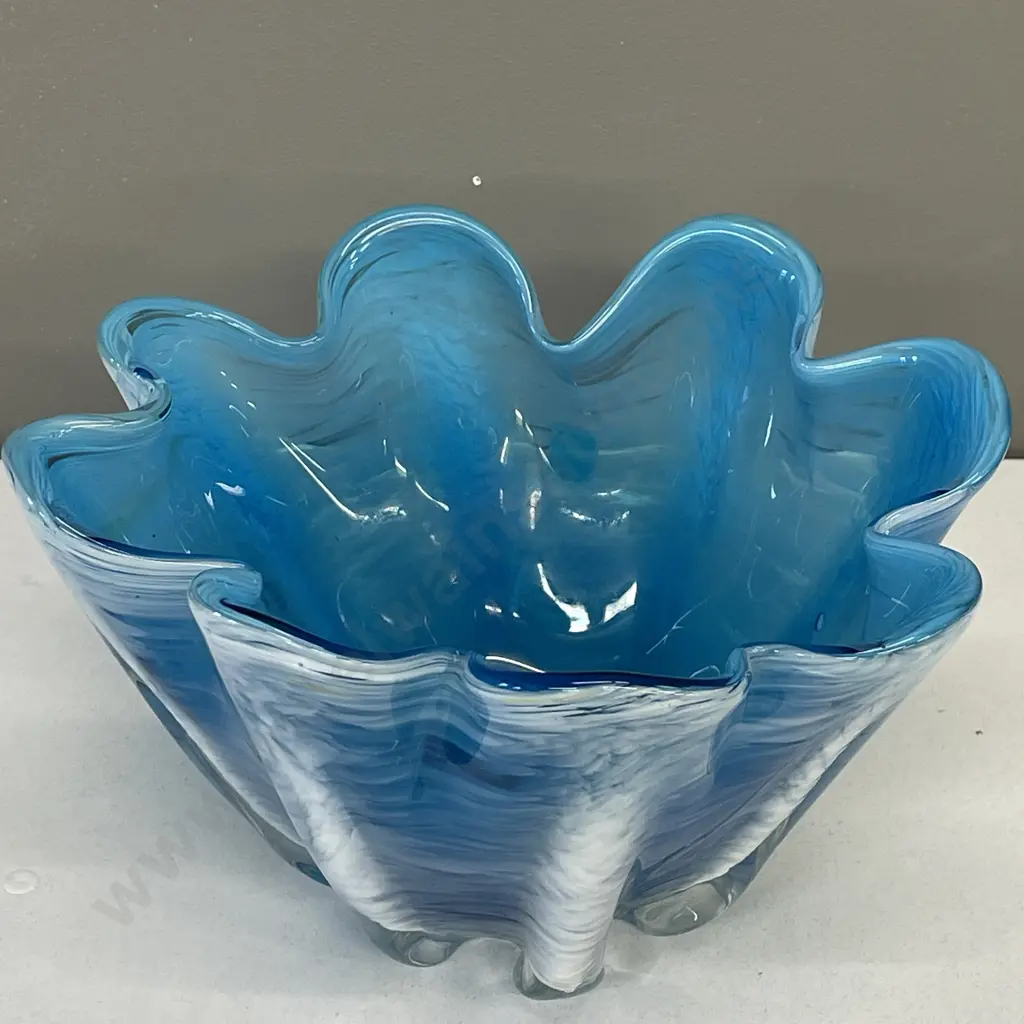 Mid Century Japanese Hineri Art Glass Bowl. French blue and white colours.H15 Dia26cm Image 1++