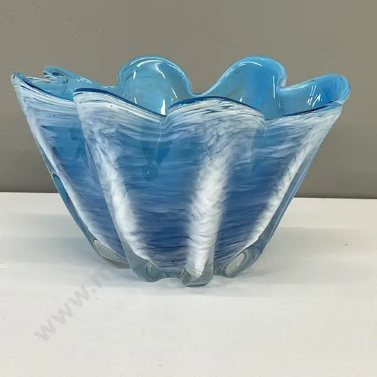 Mid Century Japanese Hineri Art Glass Bowl. French blue and white colours.H15 Dia26cm