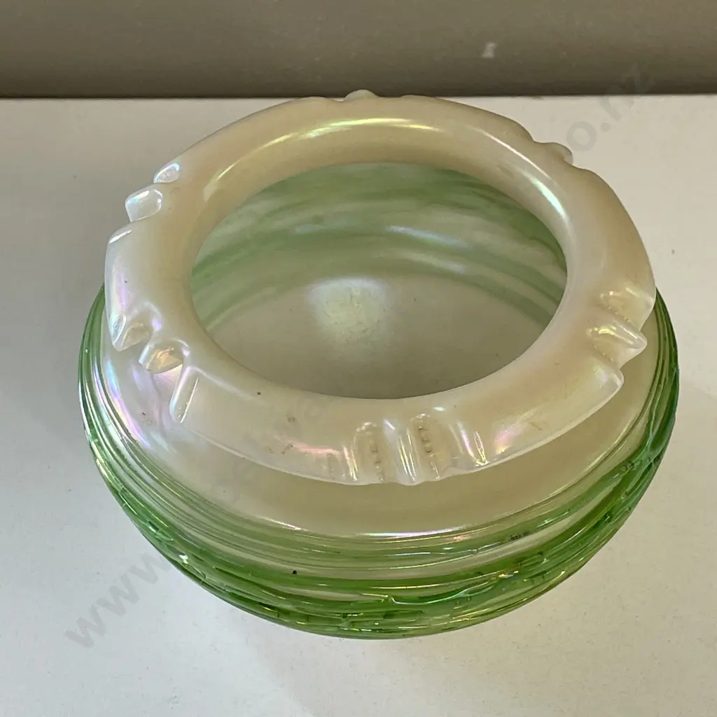 Antique Art Nouveau Iridescent Green trailed Glass Vase. H11cm Dia16cm Image 1++