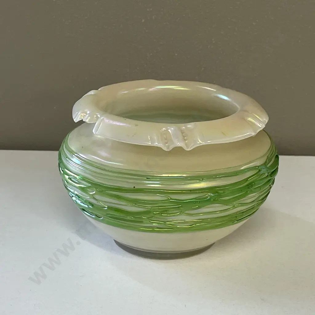 Antique Art Nouveau Iridescent Green trailed Glass Vase. H11cm Dia16cm Image 1++