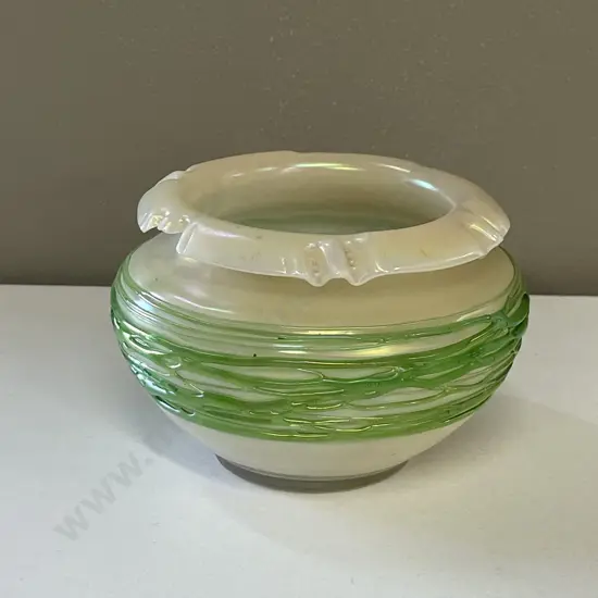 Antique Art Nouveau Iridescent Green trailed Glass Vase. H11cm Dia16cm