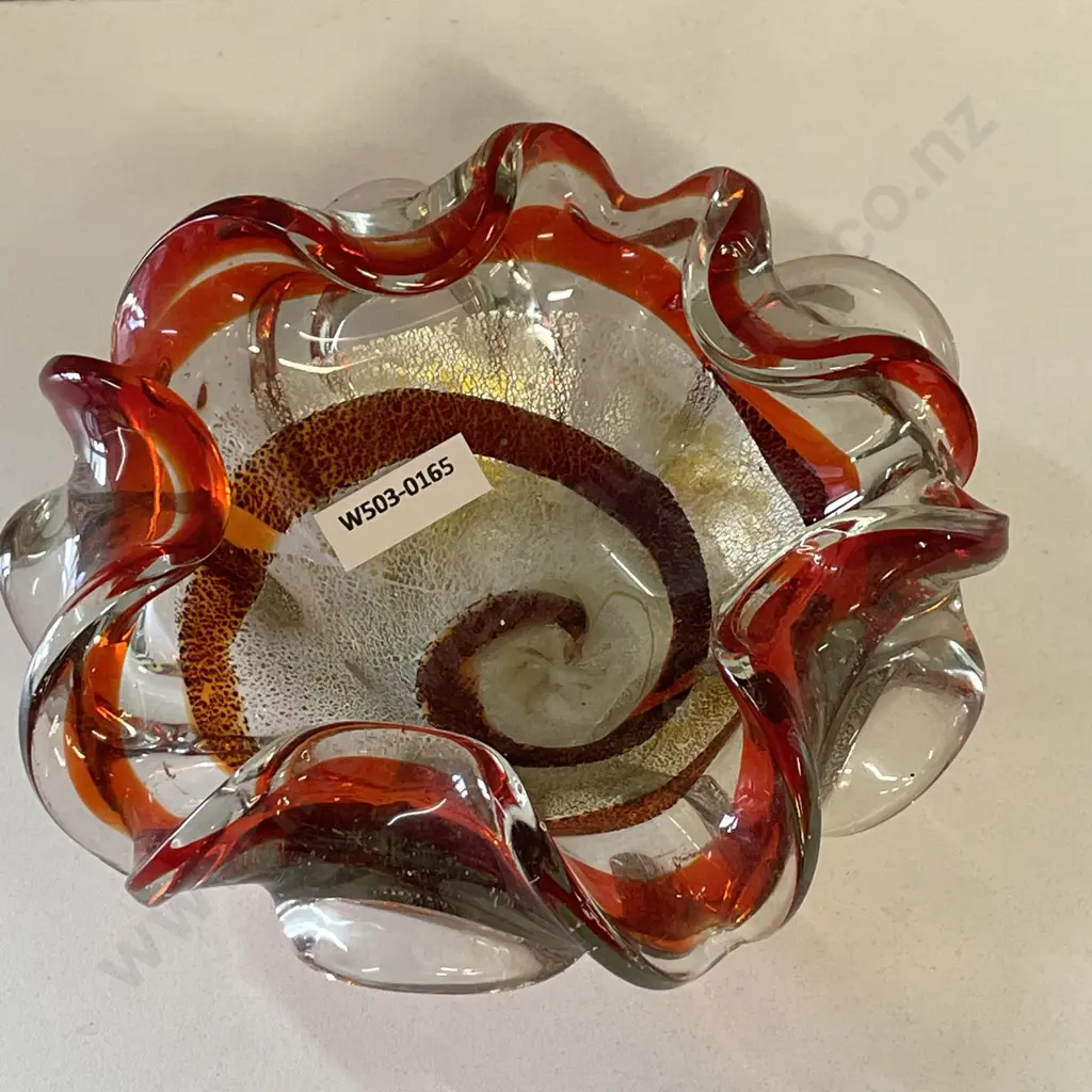 Vintage Murano? Ruffle edged vase. Clear and red glass with internal gilded silverene design. Dia19cm H8cm Image 1++