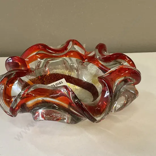 Vintage Murano? Ruffle edged vase. Clear and red glass with internal gilded silverene design. Dia19cm H8cm