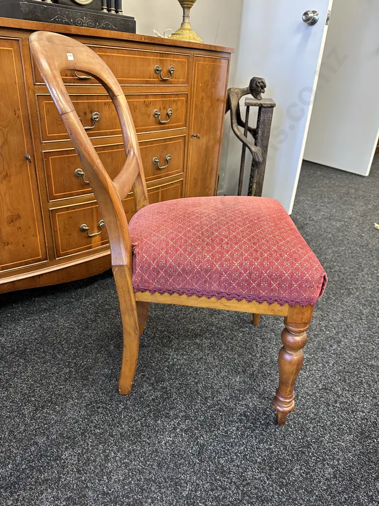 Antique Kauri Balloon Back Chair with pink patterned upholstery, turned legs Image 1++