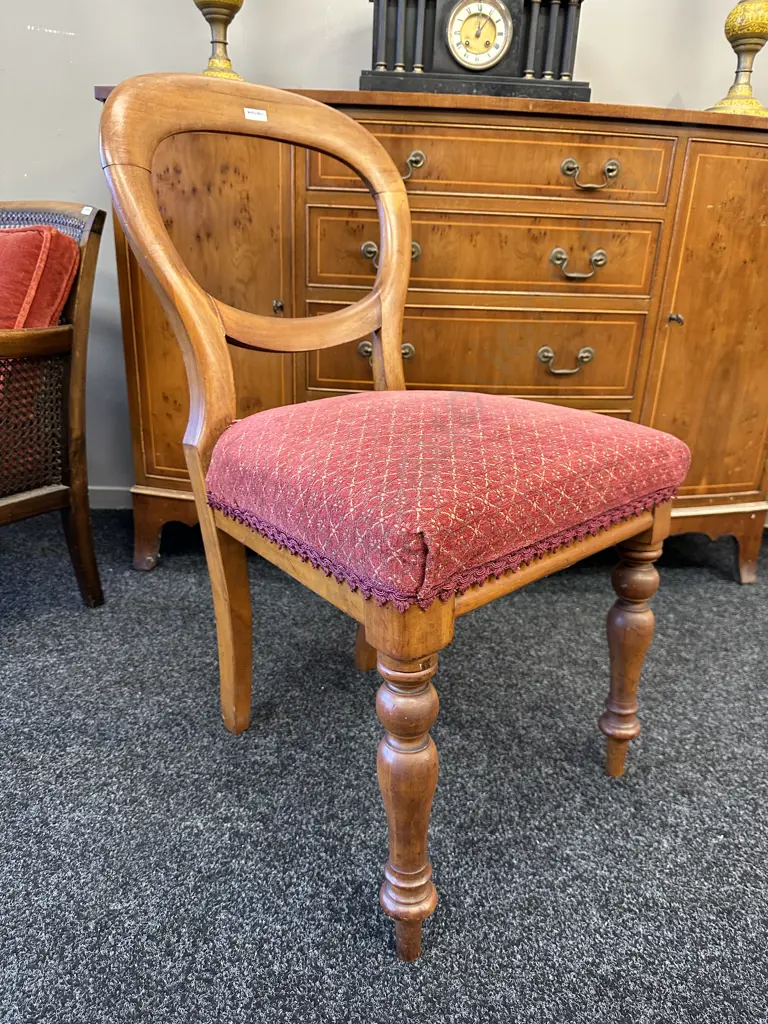 Antique Kauri Balloon Back Chair with pink patterned upholstery, turned legs Image 1++