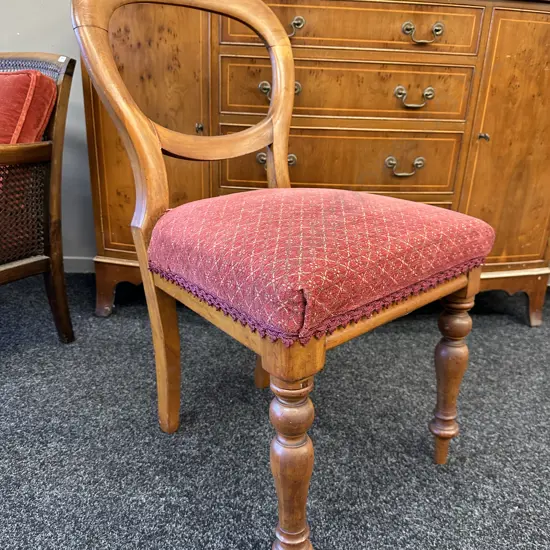 Antique Kauri Balloon Back Chair with pink patterned upholstery, turned legs