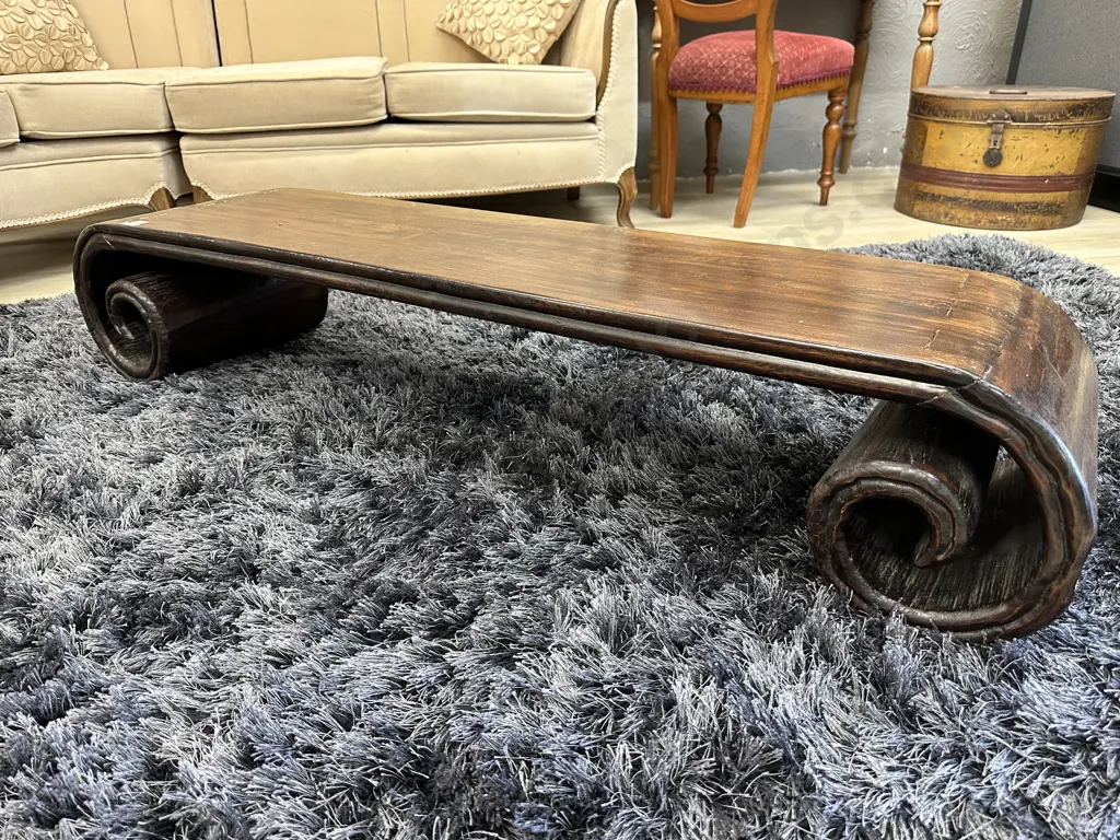 Large Chinese Scroll Table, Black Elm Wood, Shanxi, H38 W140 D38cm Image 1++