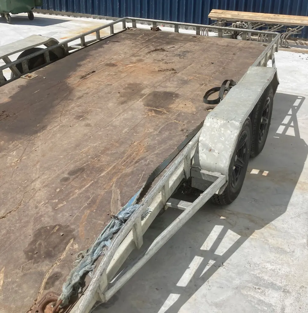 Tandem Axle Flatdeck Trailer, 4 x 2m Deck Size, Tie Down Rails & Rings, Tilts, Ramps, Draw Bar Bent (As-Is Where-Is) Image 1++