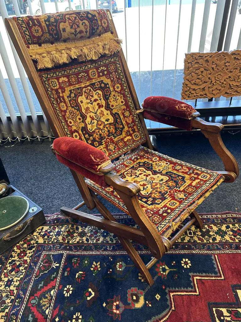Antique Mahogany Framed Campaign Folding Chair. Persian look Image 1++