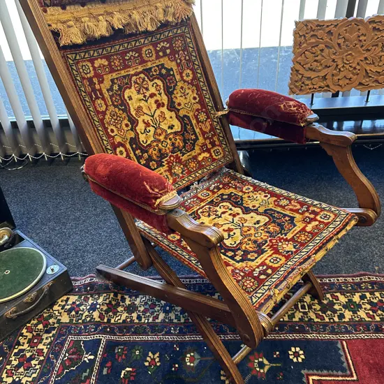 Antique Mahogany Framed Campaign Folding Chair. Persian look