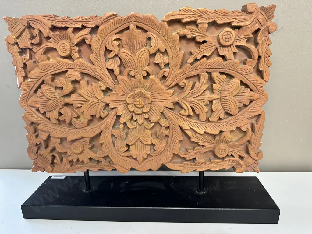 Antique Carved Ceramic/Pottery Panel on Black Painted Plinth H38 W49 D11cm Image 1++