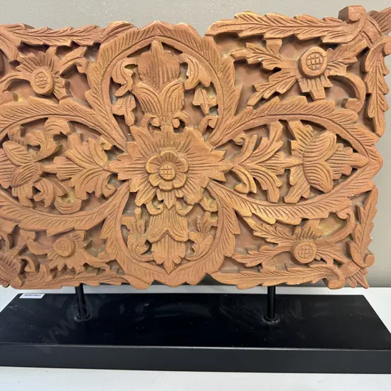 Antique Carved Ceramic/Pottery Panel on Black Painted Plinth H38 W49 D11cm