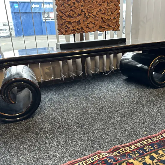 Large Chinese Black Lacquered Scroll Table, Elm Wood, Shanxi, H35 W134 D35cm